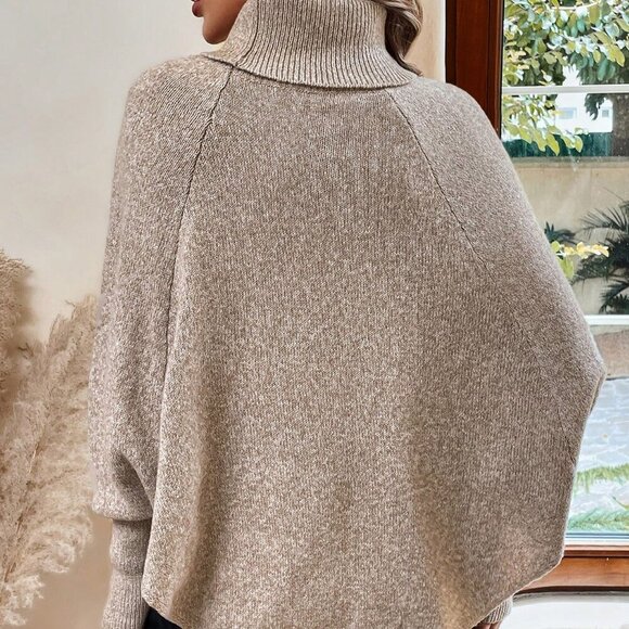 Khaki Casual Women's Turtleneck Batwing Sleeve Button Detail Poncho Sweater top - Picture 2 of 7